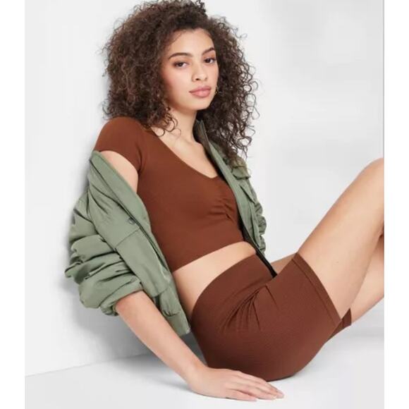 Wild Fable Ribbed High Waisted Ribbed Yoga Shorts S Terracotta Brown Athleisure - Picture 1 of 5